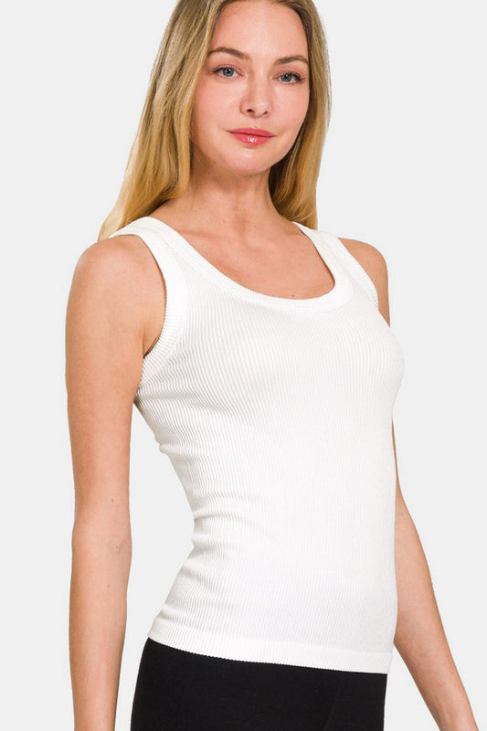 Zenana 2 Way Neckline Washed Ribbed Tank - White / S/M - TOPS - White