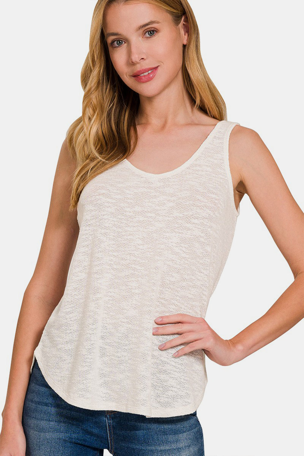 Zenana Curved Hem Round Neck Tank - Ivory / S - TOPS - Ivory