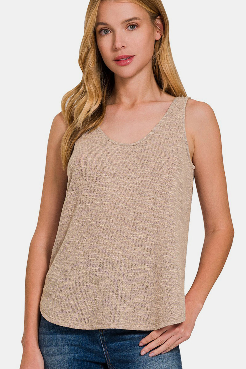 Zenana Curved Hem Round Neck Tank - Lt Mocha / S - TOPS - Mocha