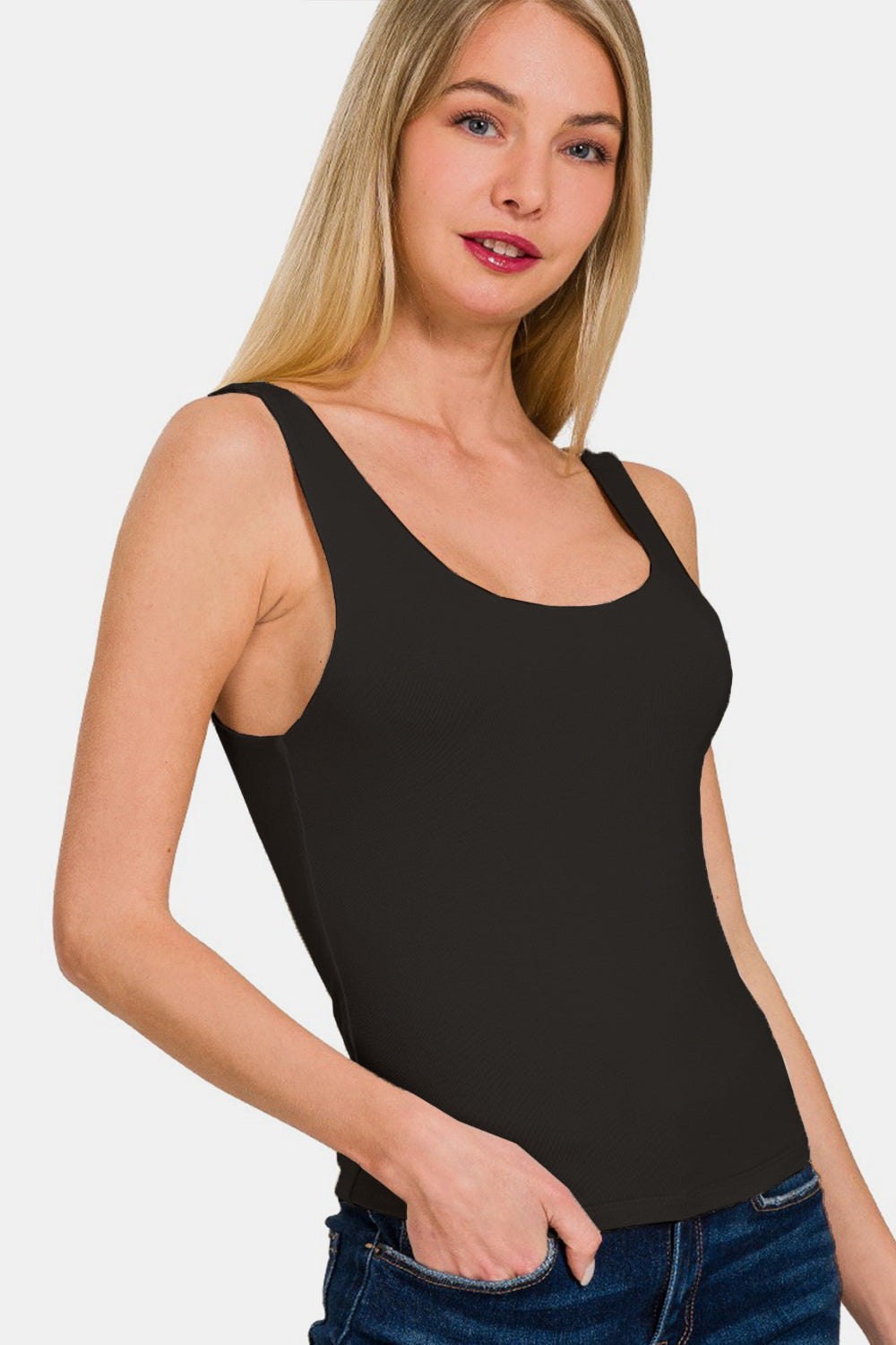 Zenana Double Layer Round Neck Tank - TOPS - Black