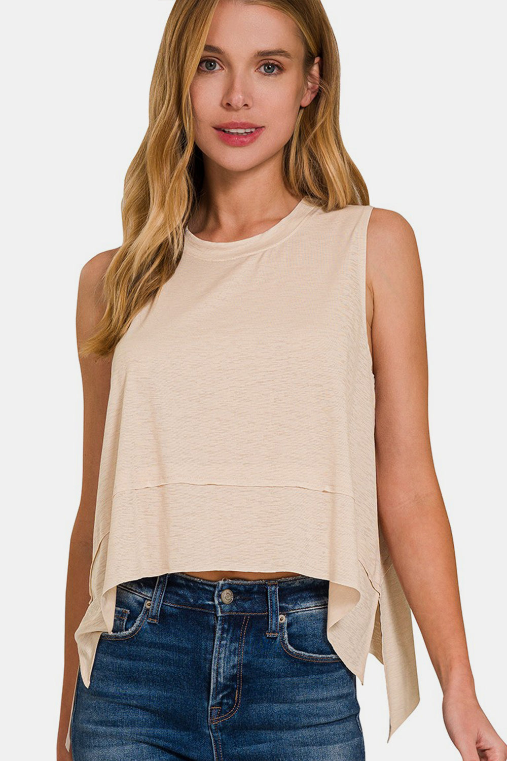 Zenana Exposed Seam Slit Round Neck Tank - Sand Beige / S - TOPS - Beige