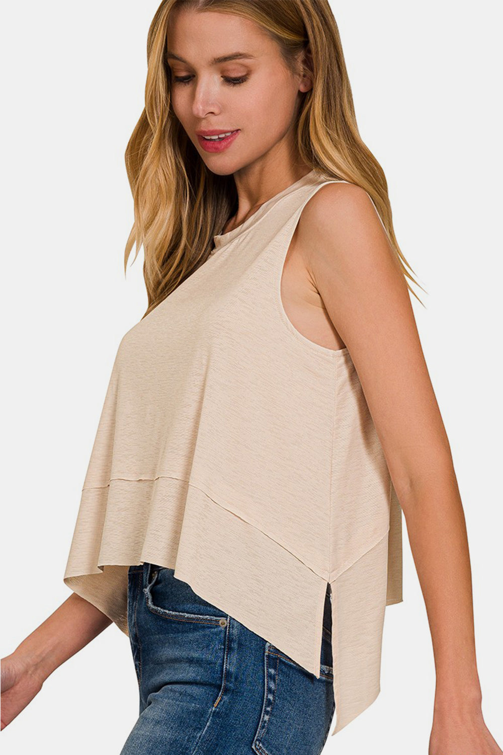 Zenana Exposed Seam Slit Round Neck Tank - TOPS - Beige