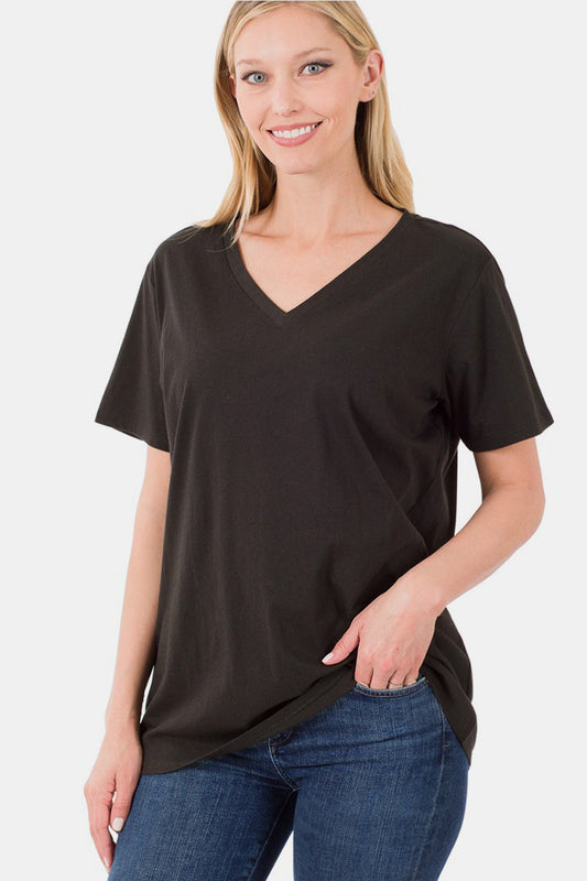 Zenana Full Size V-Neck Short Sleeve T-Shirt - Black / S - TOPS - Black