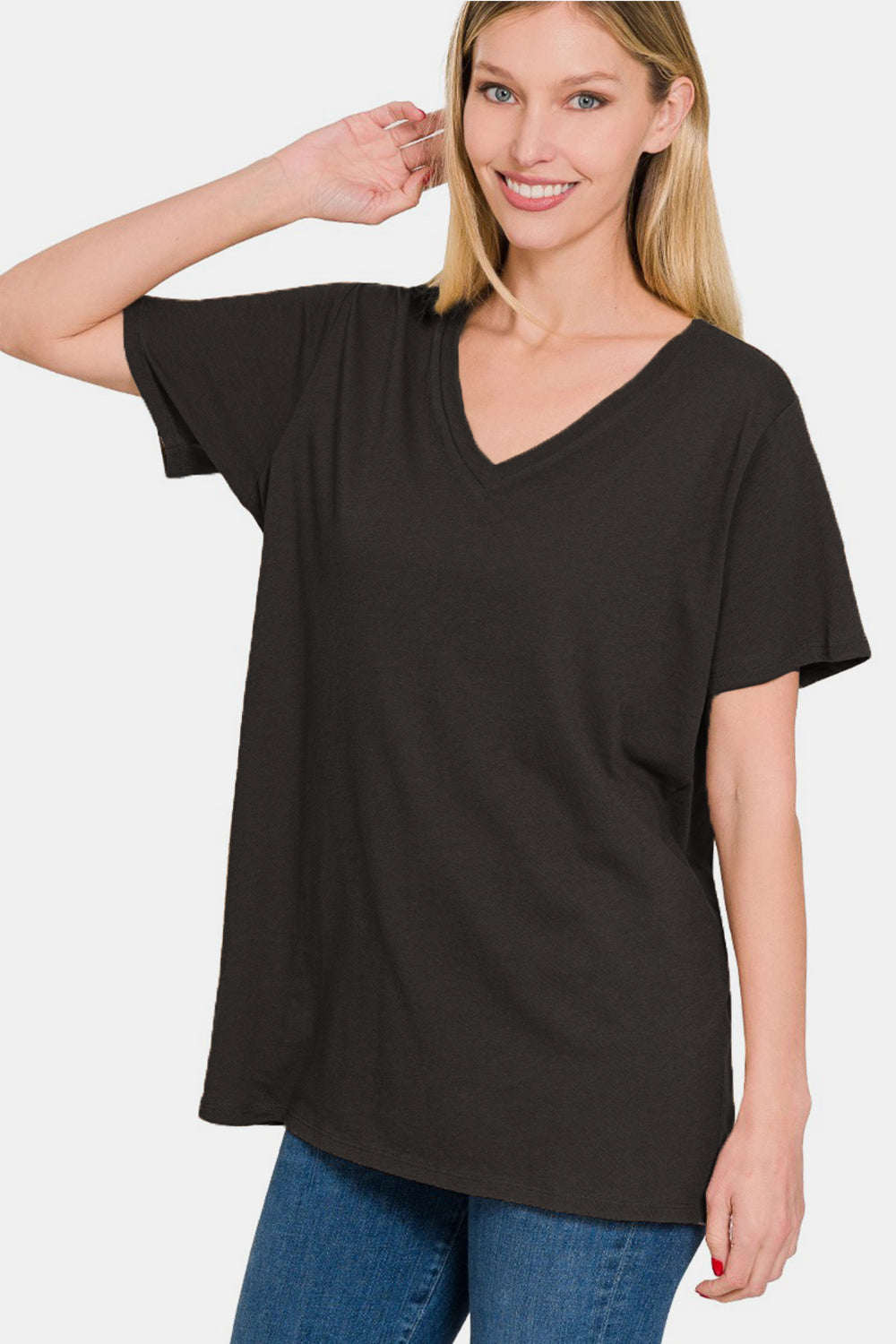 Zenana Full Size V-Neck Short Sleeve T-Shirt - TOPS - Black