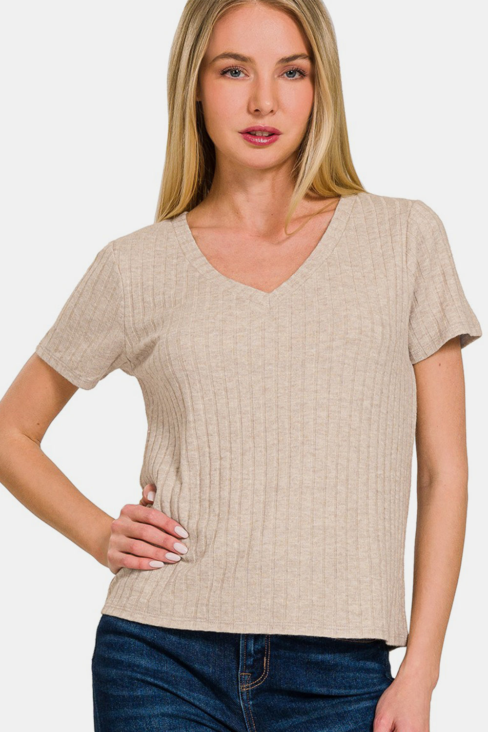 Zenana Ribbed Short Sleeve T-Shirt - Ash Mocha / S - TOPS - Mocha