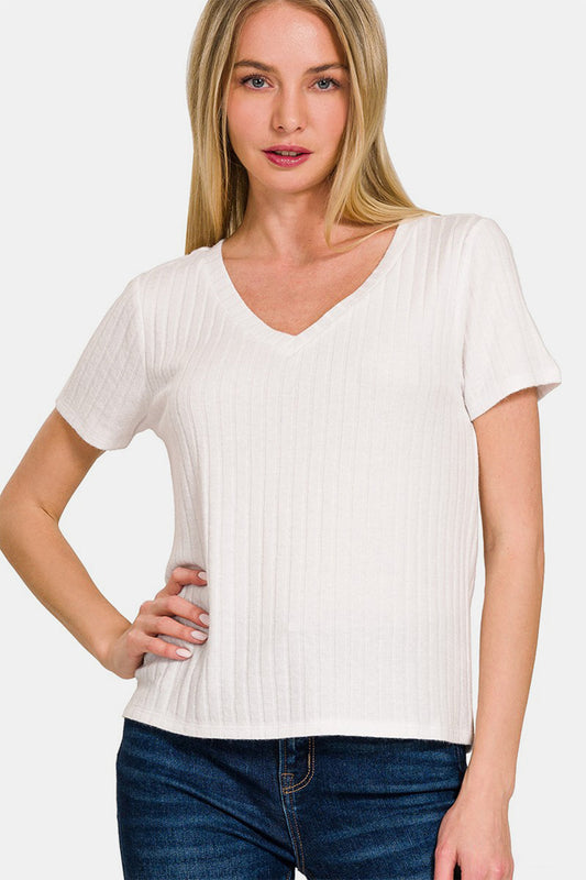 Zenana Ribbed Short Sleeve T-Shirt - Off White / S - TOPS - Off White