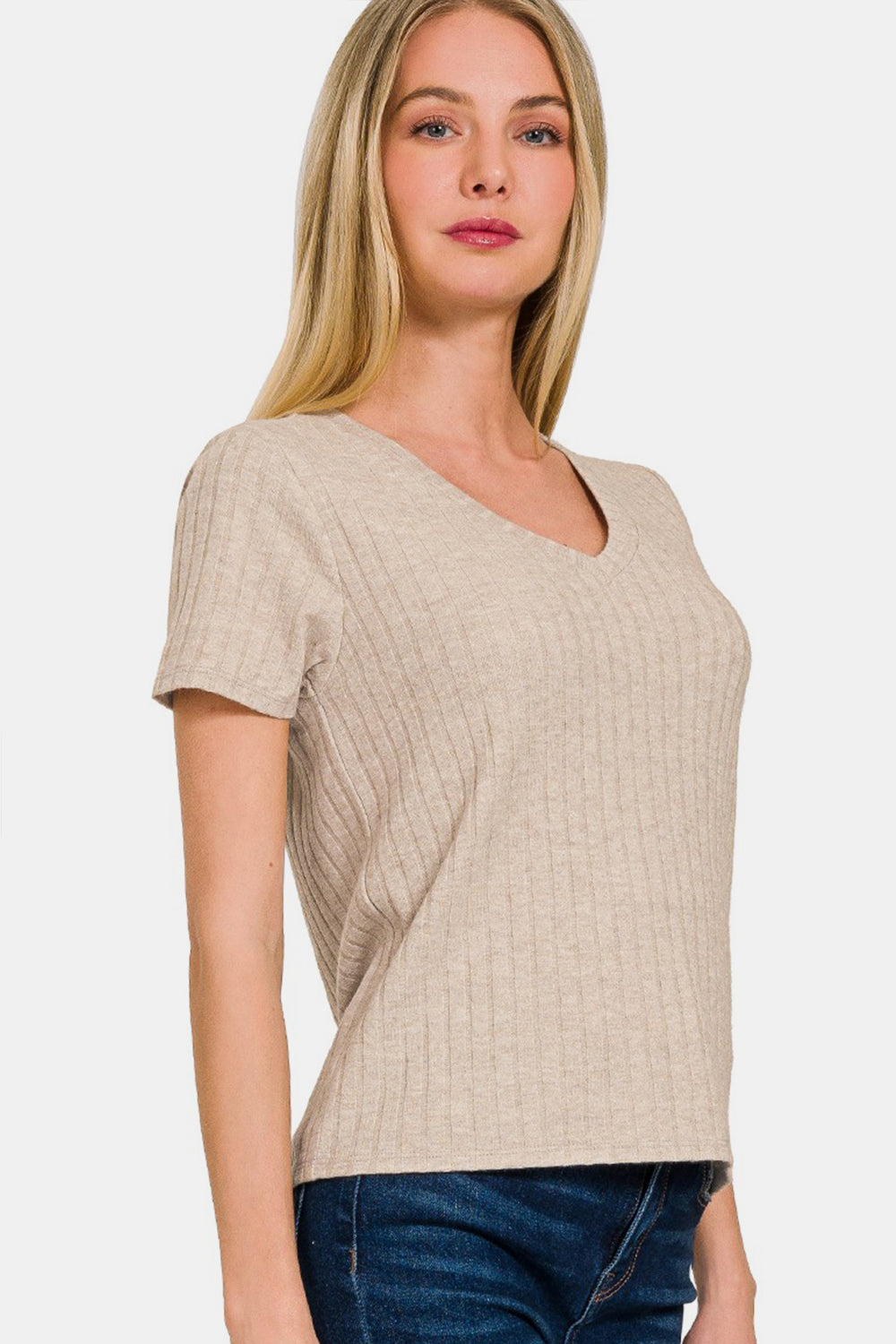 Zenana Ribbed Short Sleeve T-Shirt - TOPS - Mocha