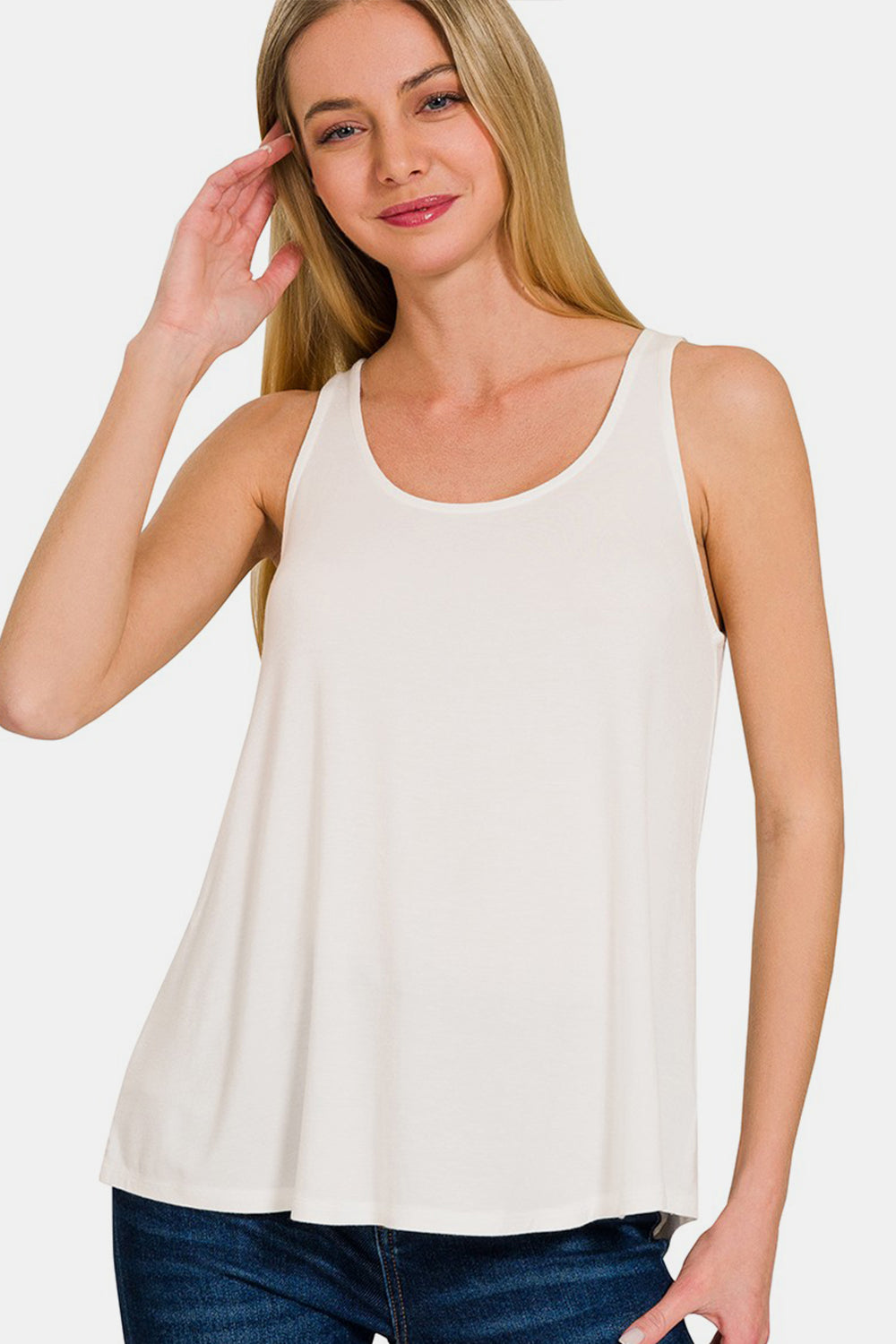 Zenana Round Neck Flowy Hem Tank - TOPS - Ivory