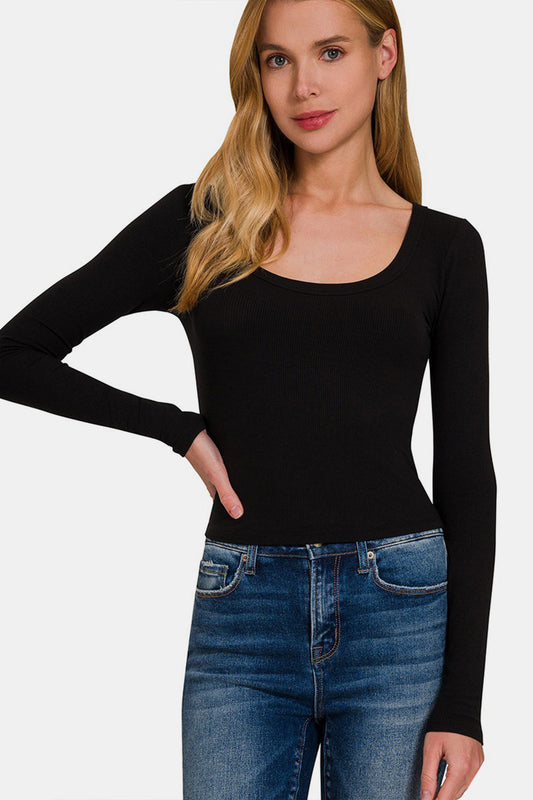 Zenana Scoop Neck Long Sleeve T-Shirt - Black / S - TOPS - Black