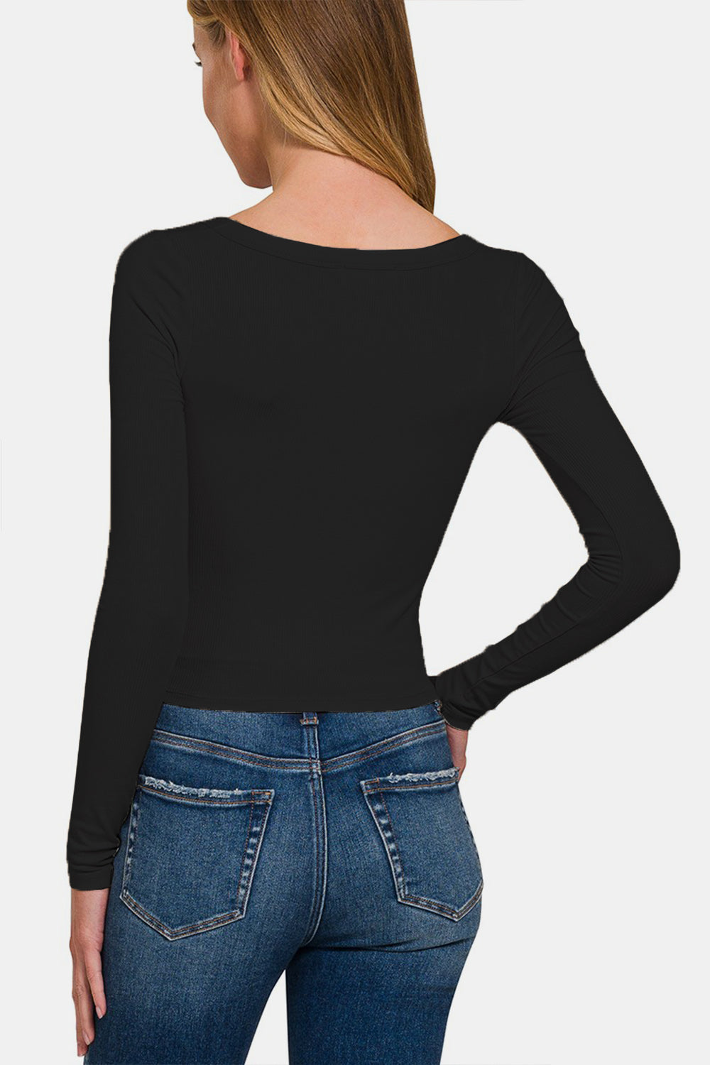 Zenana Scoop Neck Long Sleeve T-Shirt - TOPS - Black