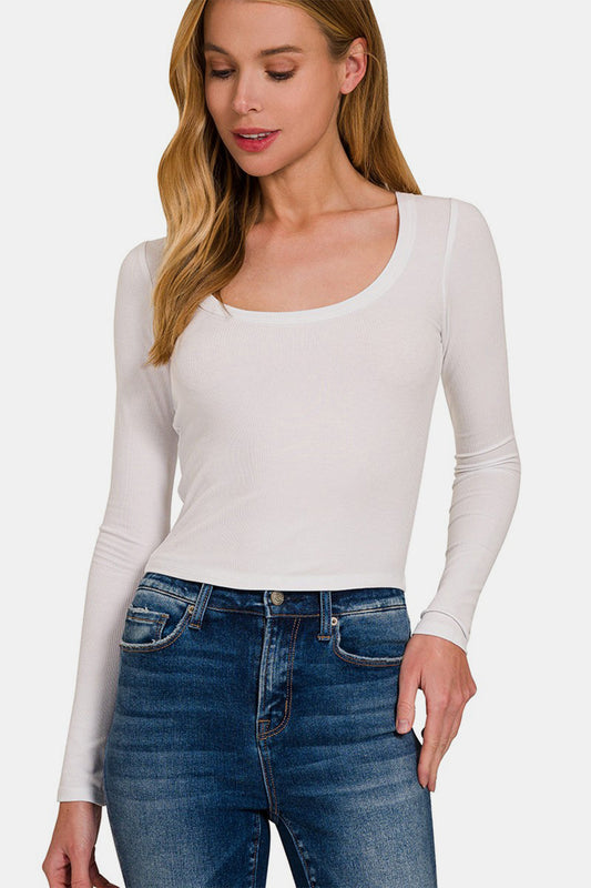 Zenana Scoop Neck Long Sleeve T-Shirt - White / S - TOPS - White