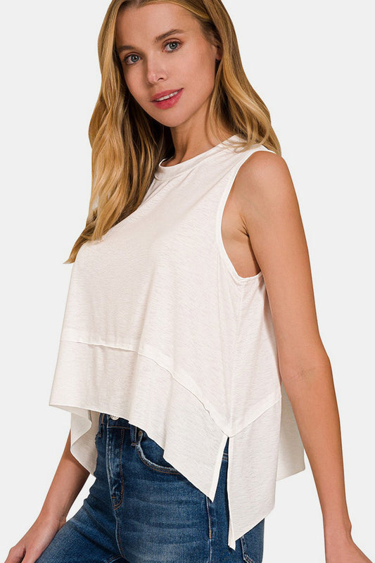 Zenana Slit High-Low Round Neck Tank - Ivory / S - TOPS - Ivory