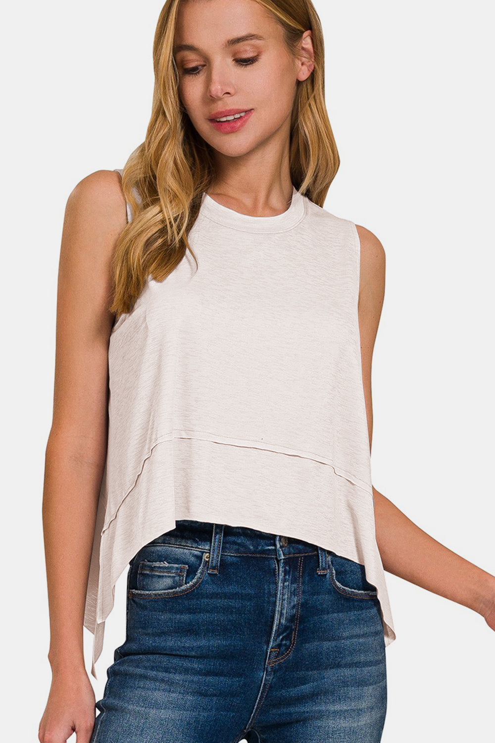 Zenana Slit High-Low Round Neck Tank - TOPS - Ivory