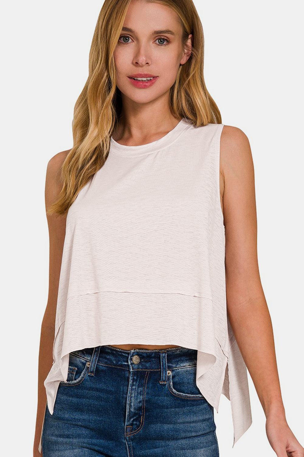 Zenana Slit High-Low Round Neck Tank - TOPS - Ivory