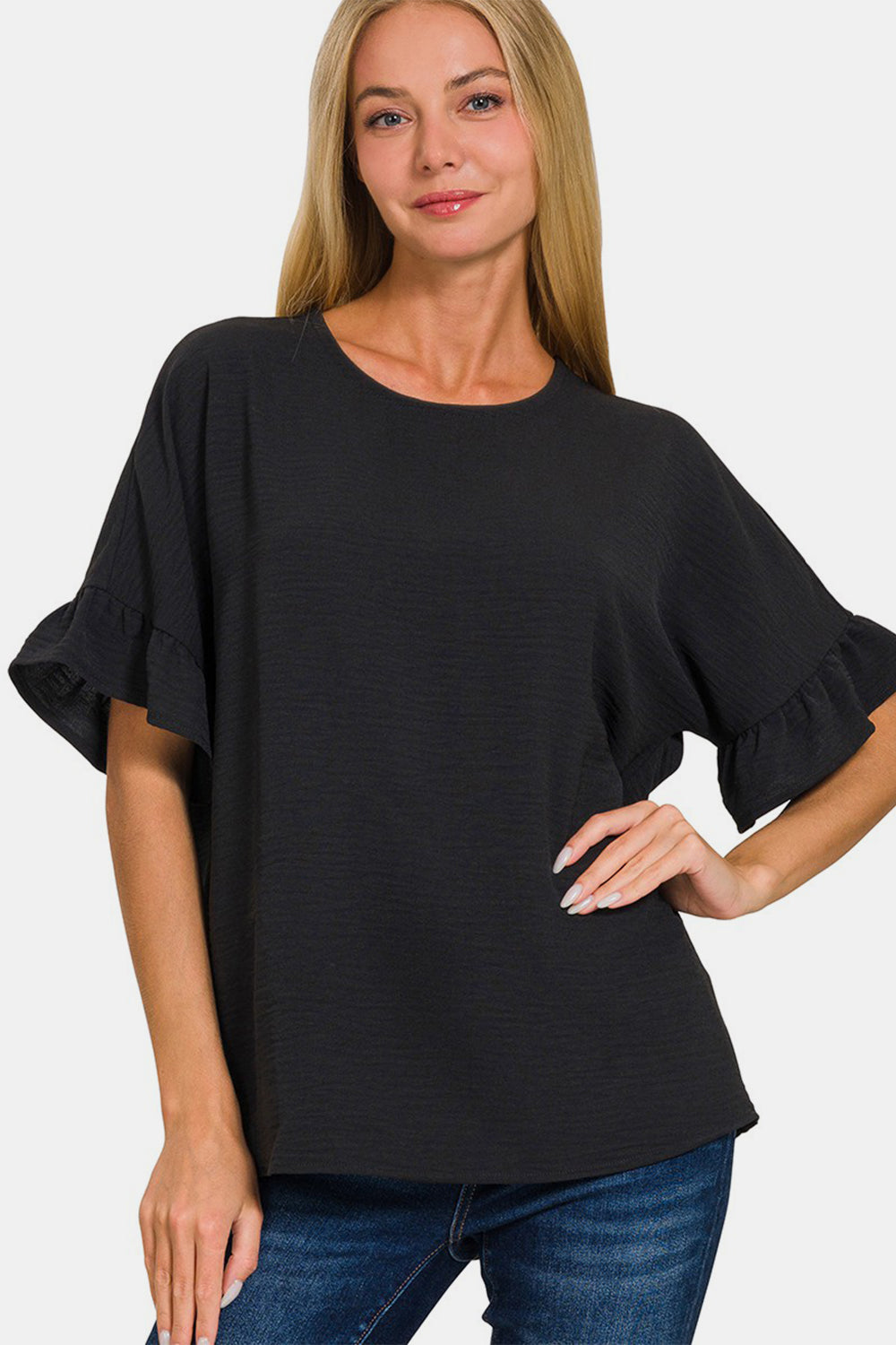 Zenana V-Neck Flutter Sleeve Top - Black / S - TOPS - Black