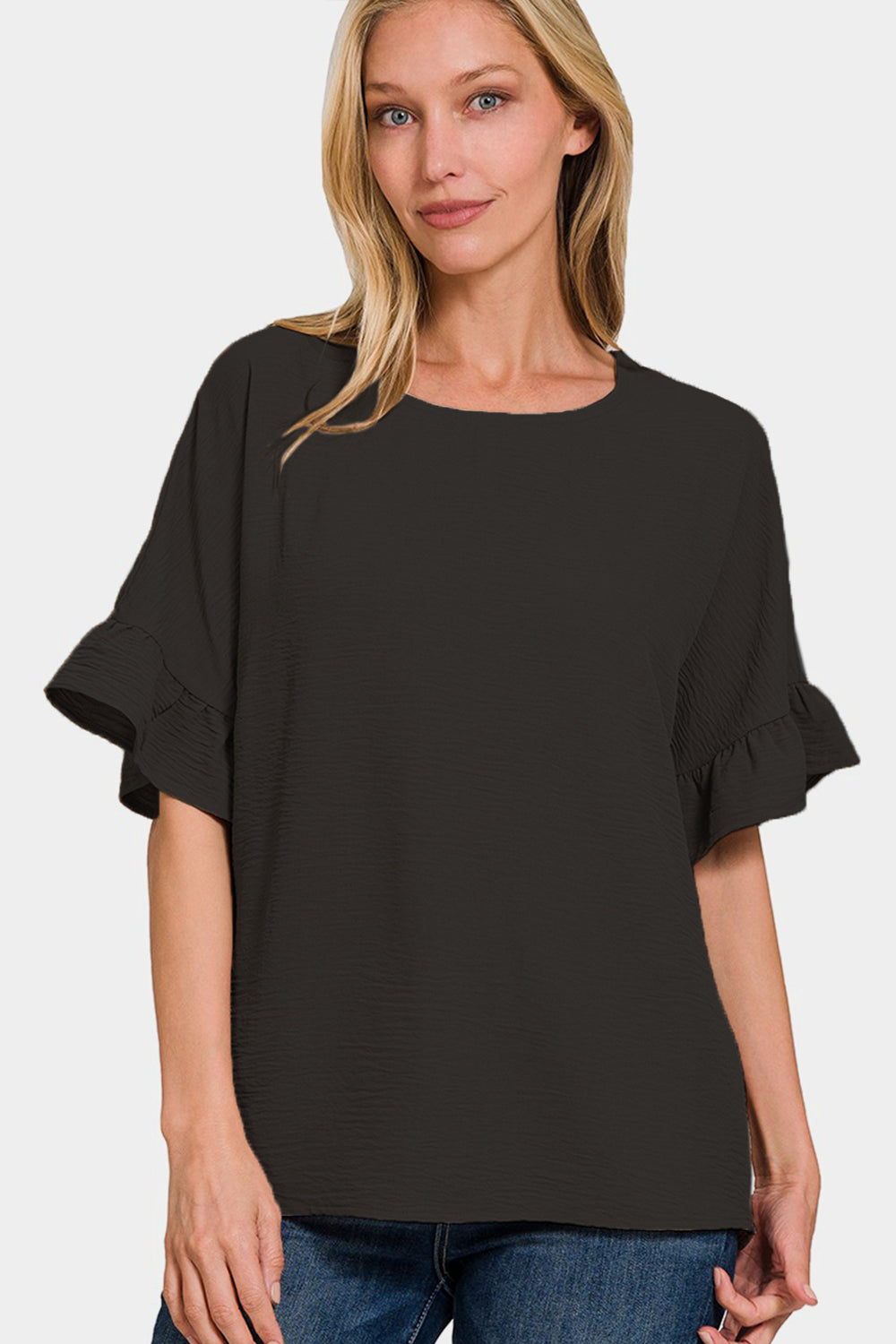 Zenana V-Neck Flutter Sleeve Top - TOPS - Black