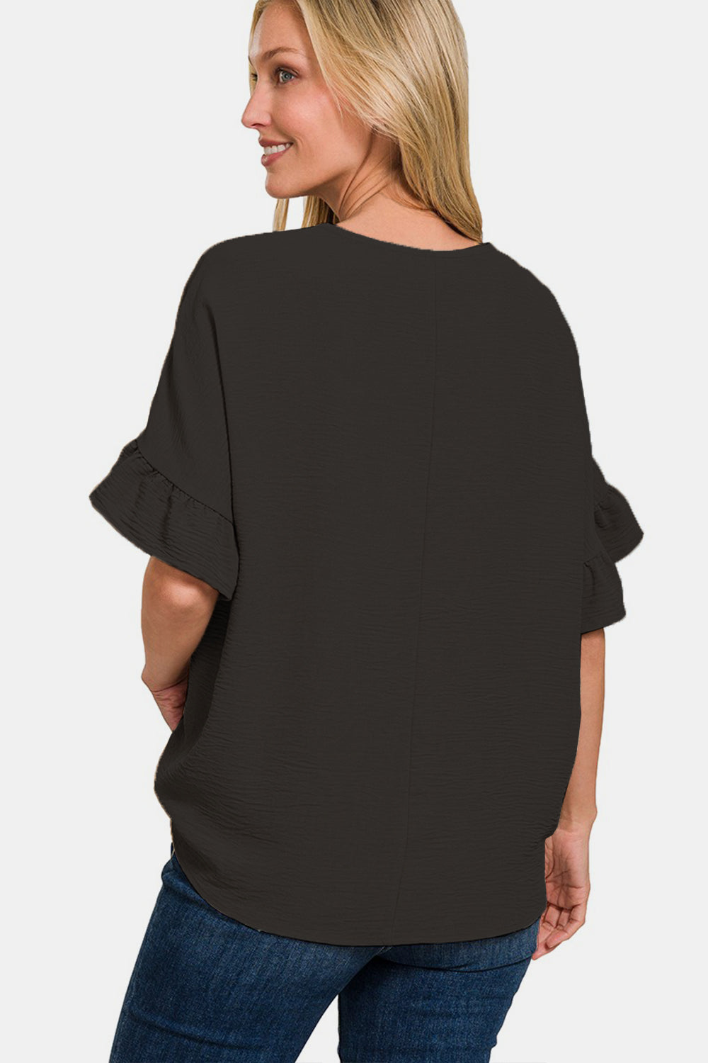 Zenana V-Neck Flutter Sleeve Top - TOPS - Black