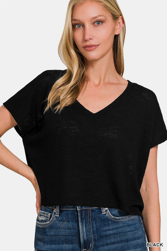 Zenana V-Neck Short Sleeve Crop T-Shirt - Black / S - TOPS - Black