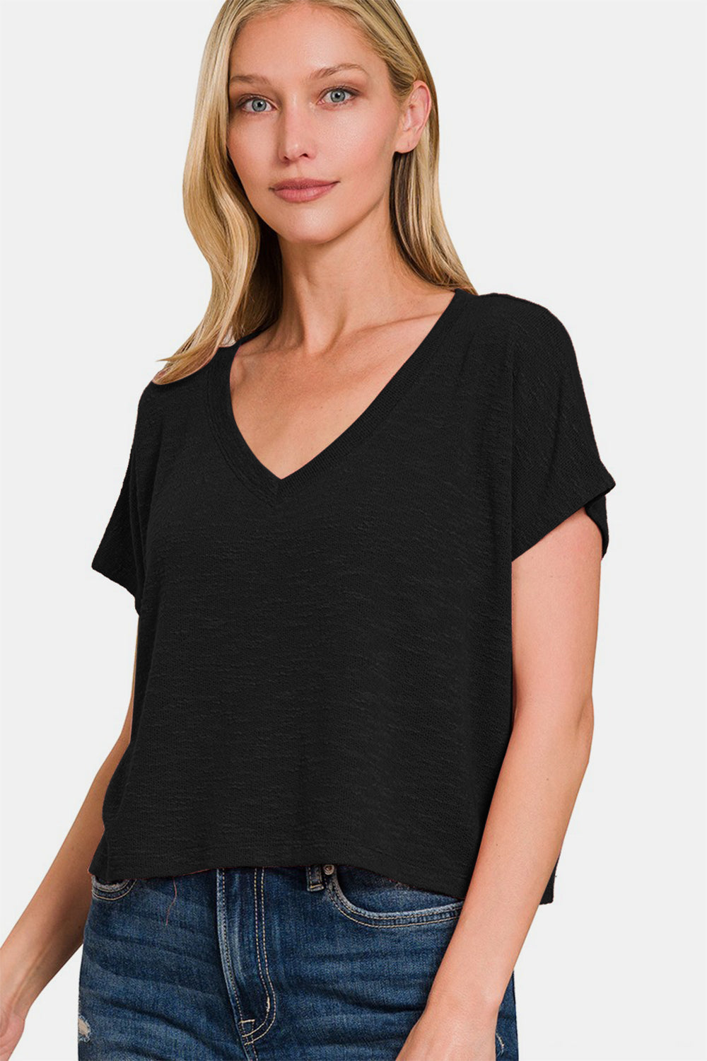 Zenana V-Neck Short Sleeve Crop T-Shirt - TOPS - Black