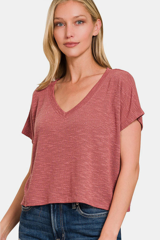 Zenana V-Neck Short Sleeve Crop T-Shirt - Winter Rose / S - TOPS - Rose