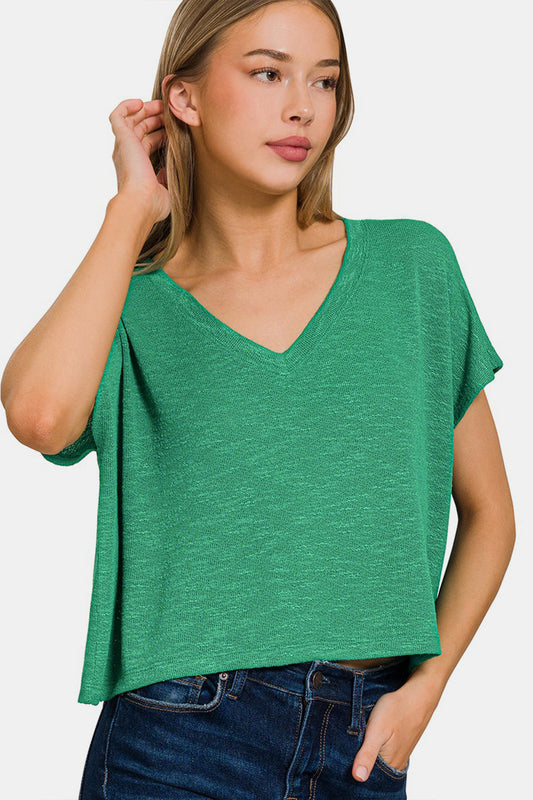 Zenana V-Neck Short Sleeve T-Shirt - Green / S - TOPS - Green