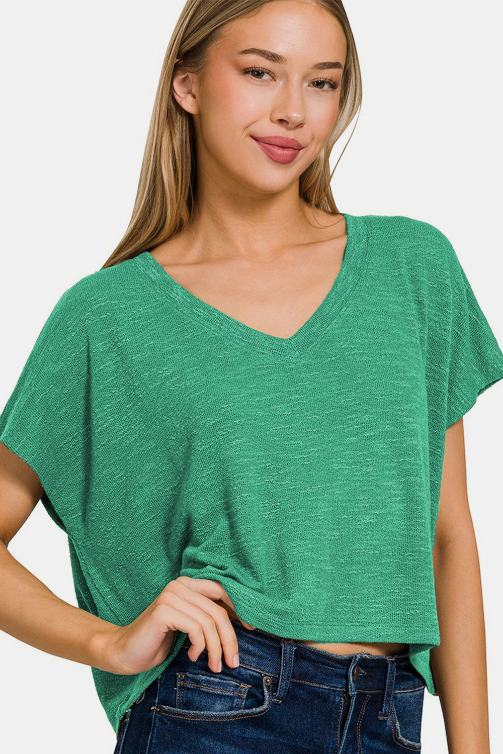 Zenana V-Neck Short Sleeve T-Shirt - TOPS - Green