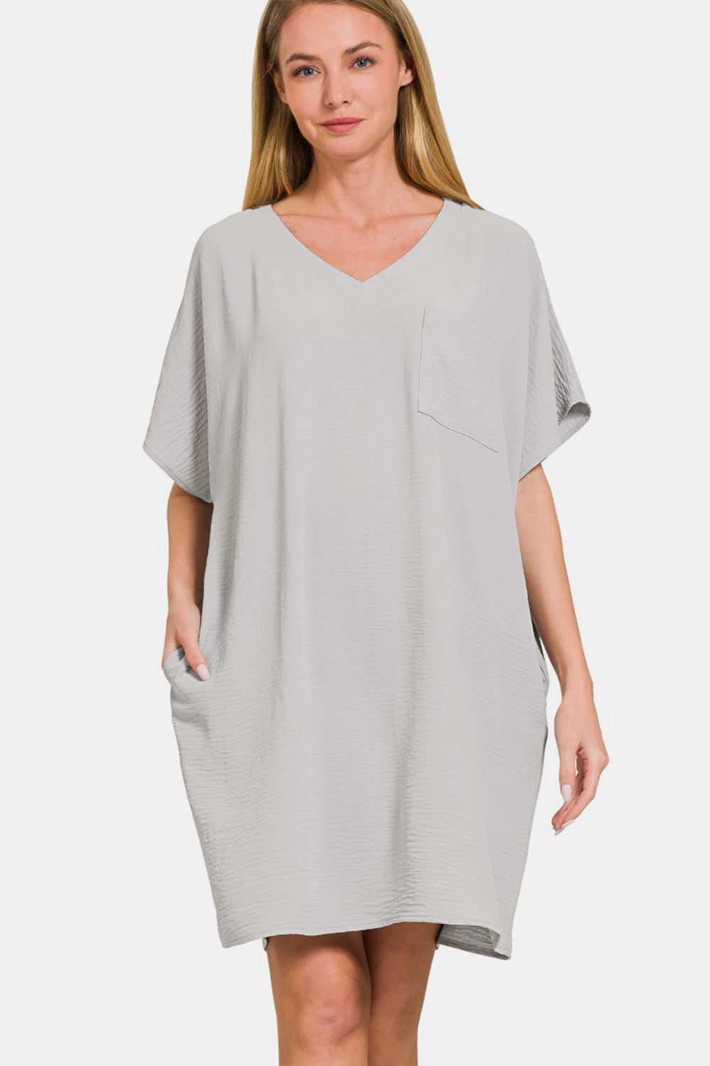 Zenana V-Neck Tee Dress with Pockets - DRESSES - Grey