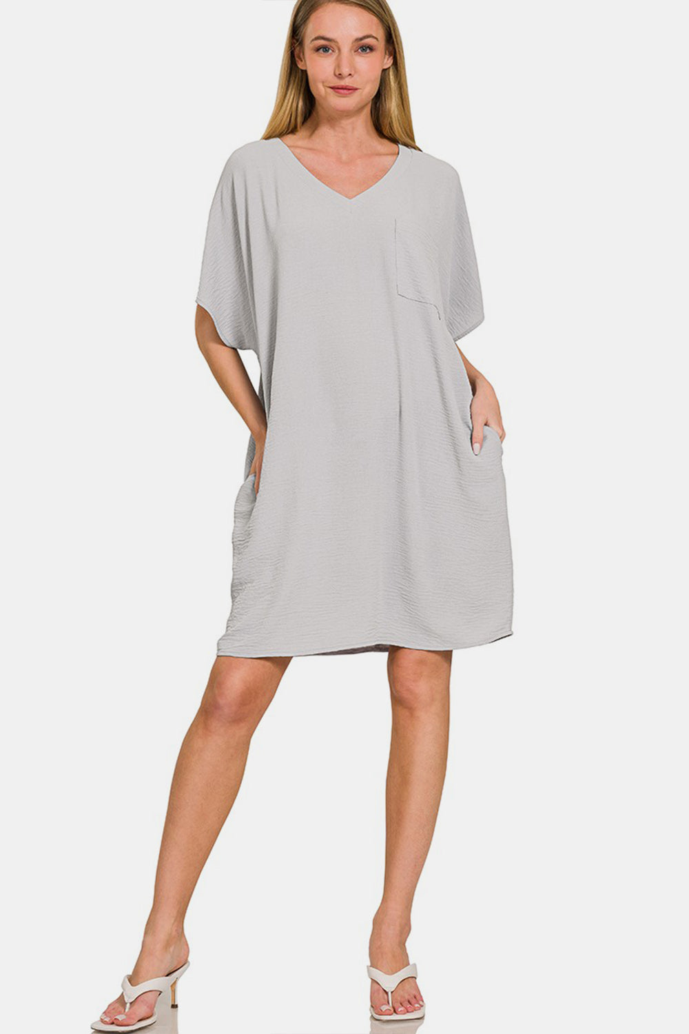 Zenana V-Neck Tee Dress with Pockets - DRESSES - Grey