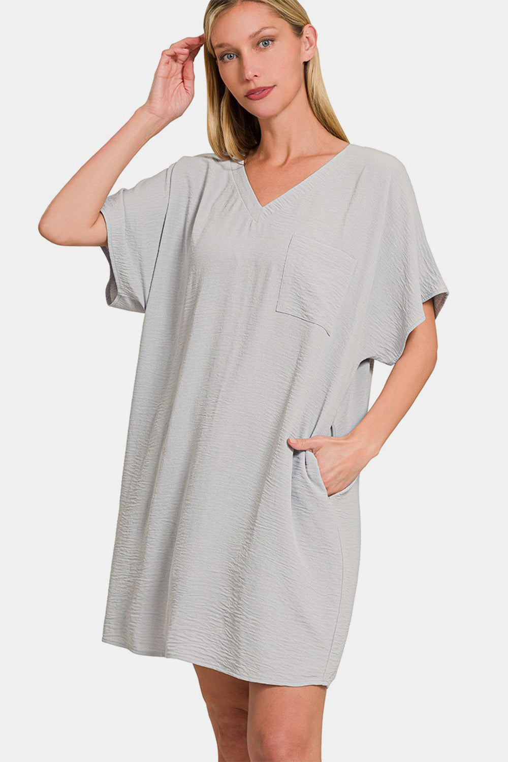 Zenana V-Neck Tee Dress with Pockets - Lt Grey / S - DRESSES - Grey