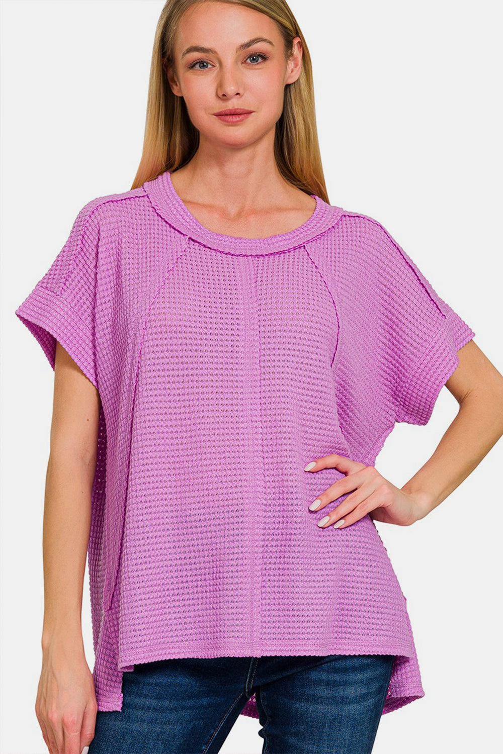 Zenana Waffle Exposed-Seam Short Sleeve T-Shirt - Lavender / S/M - TOPS - Lavender