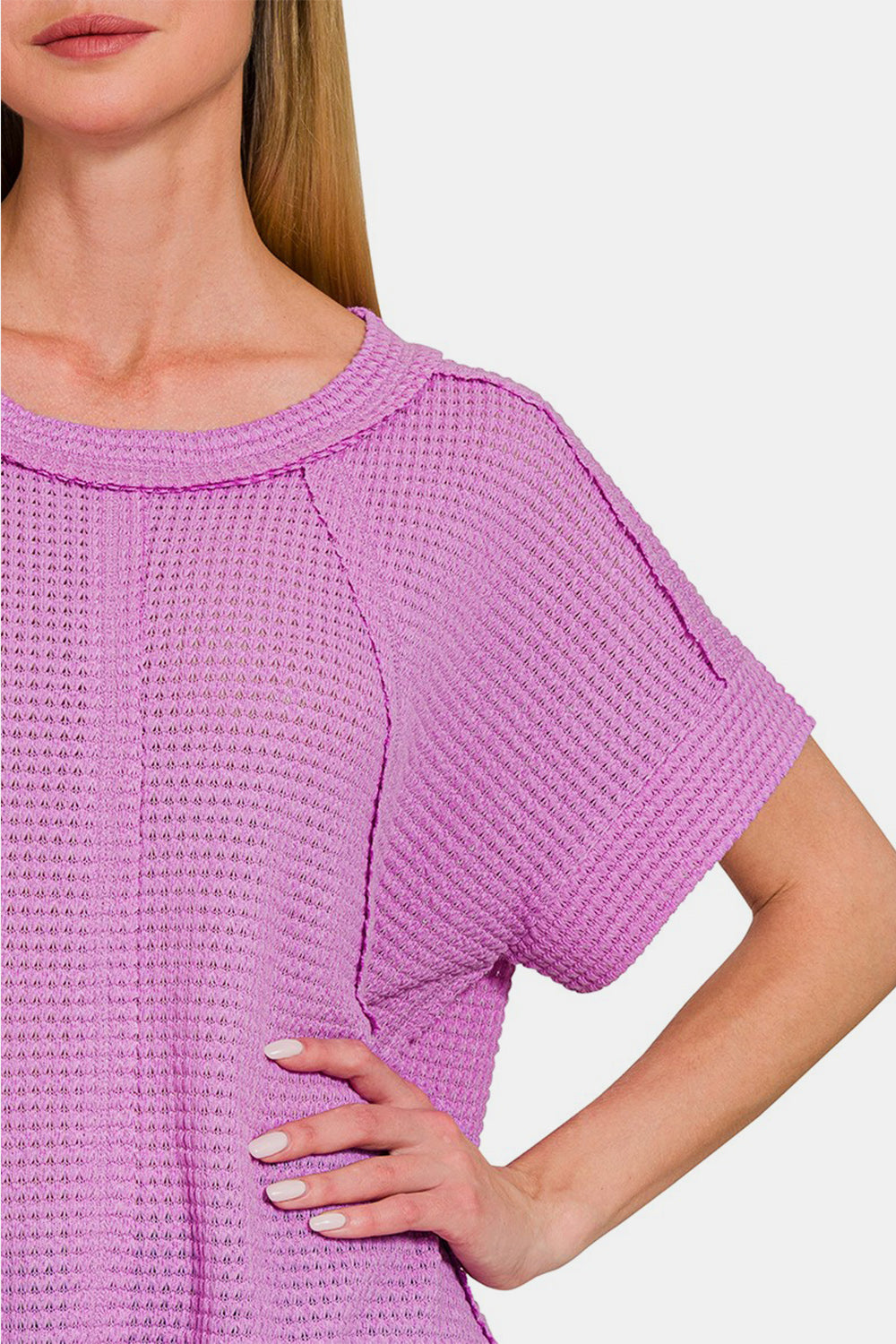 Zenana Waffle Exposed-Seam Short Sleeve T-Shirt - TOPS - Lavender