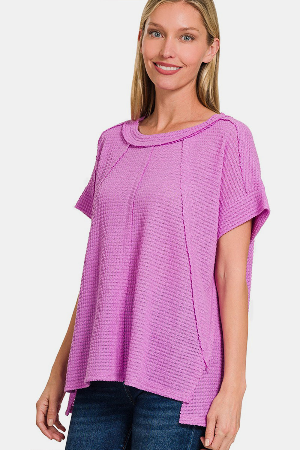 Zenana Waffle Exposed-Seam Short Sleeve T-Shirt - TOPS - Lavender