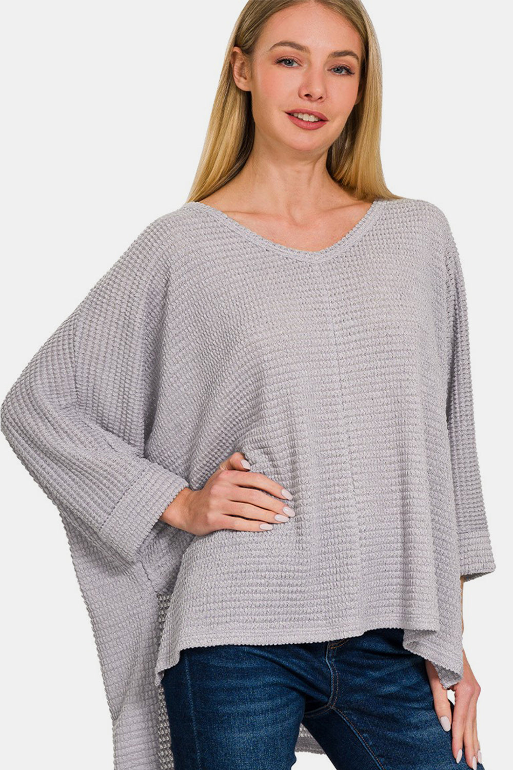 Zenana Waffle Knit V-Neck Long Sleeve Slit Top - Grey / S/M - TOPS - Grey