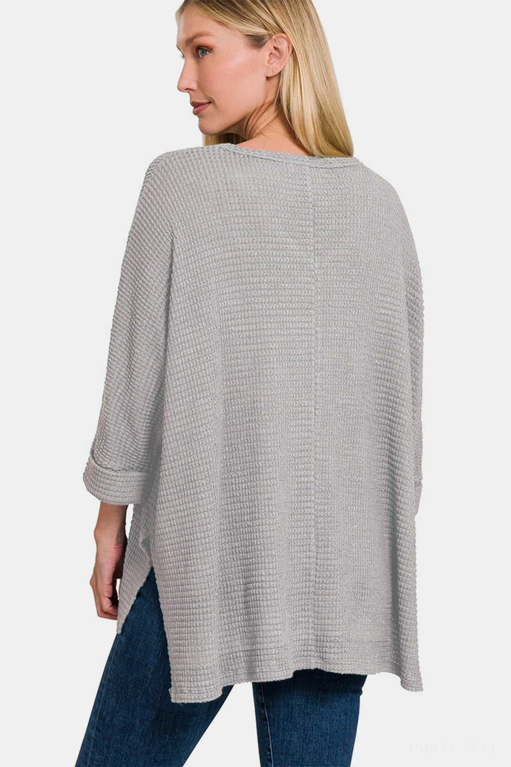 Zenana Waffle Knit V-Neck Long Sleeve Slit Top - TOPS - Grey