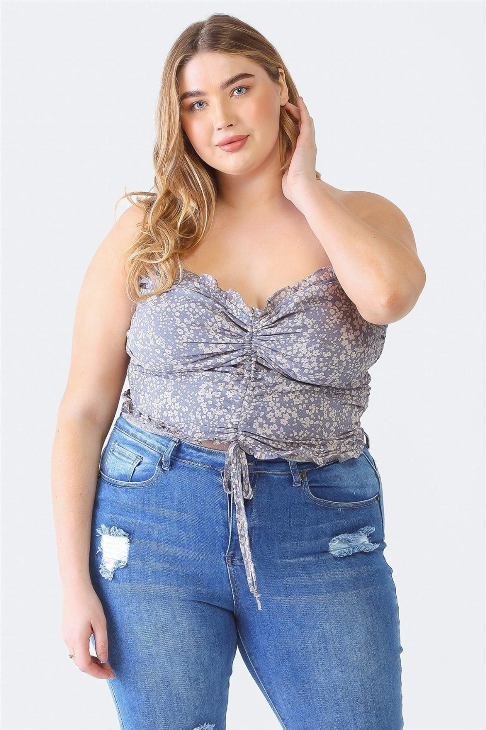 Zenobia Plus Size Drawstring Smocked Floral Tube Top - Denim Blue / 1XL - PLUS TOPS - Denim Blue