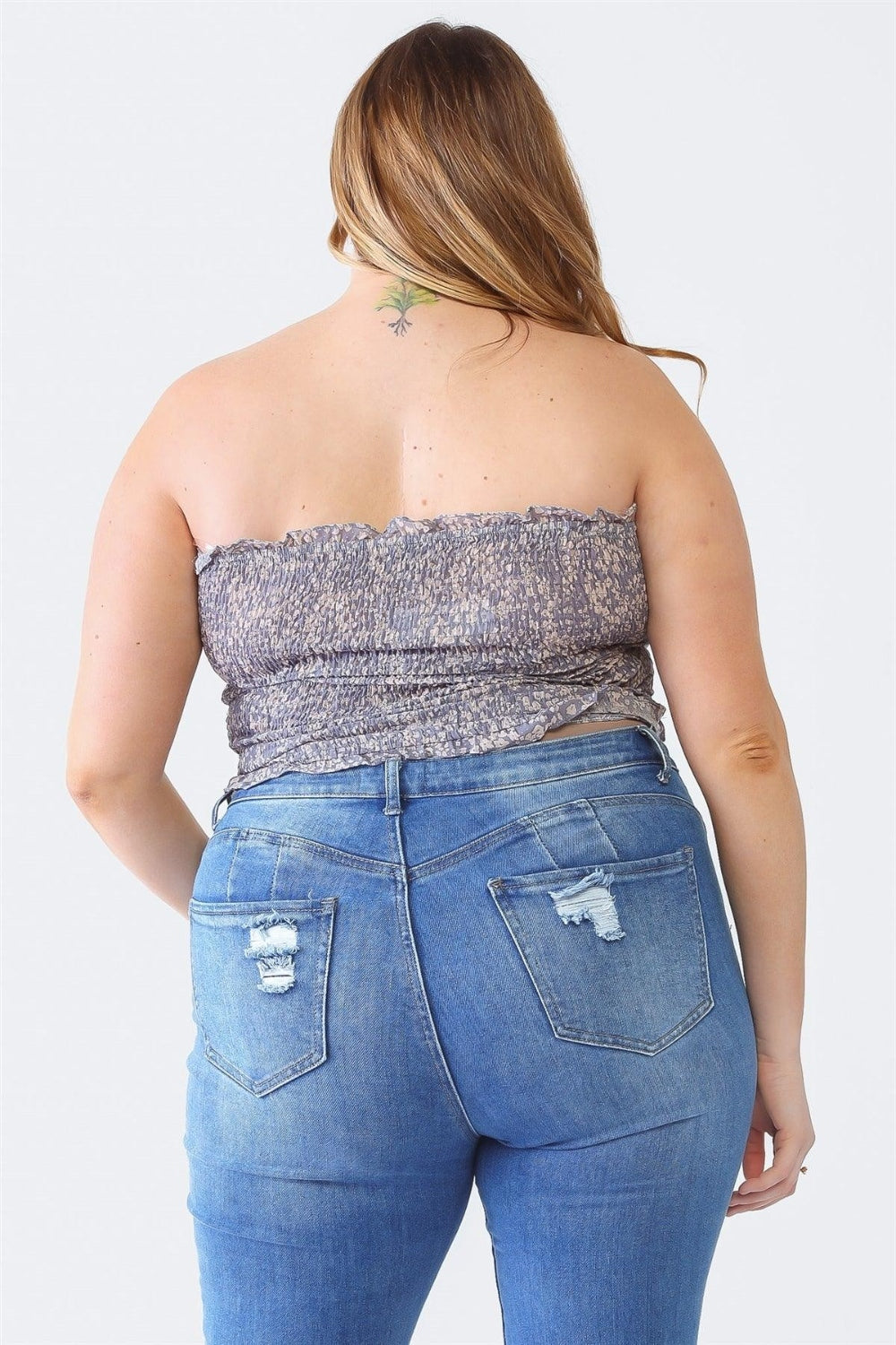 Zenobia Plus Size Drawstring Smocked Floral Tube Top - PLUS TOPS - Denim Blue