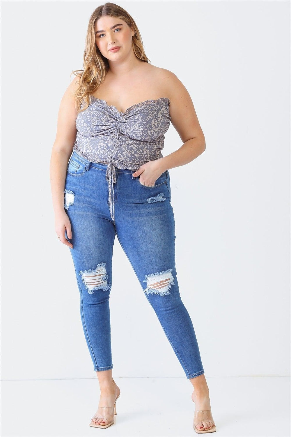 Zenobia Plus Size Drawstring Smocked Floral Tube Top - PLUS TOPS - Denim Blue