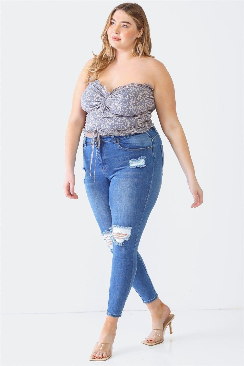 Zenobia Plus Size Drawstring Smocked Floral Tube Top - PLUS TOPS - Denim Blue