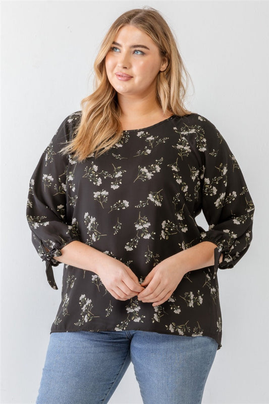 Zenobia Plus Size Floral Round Neck Blouse - Black / 1XL - TOPS - Black