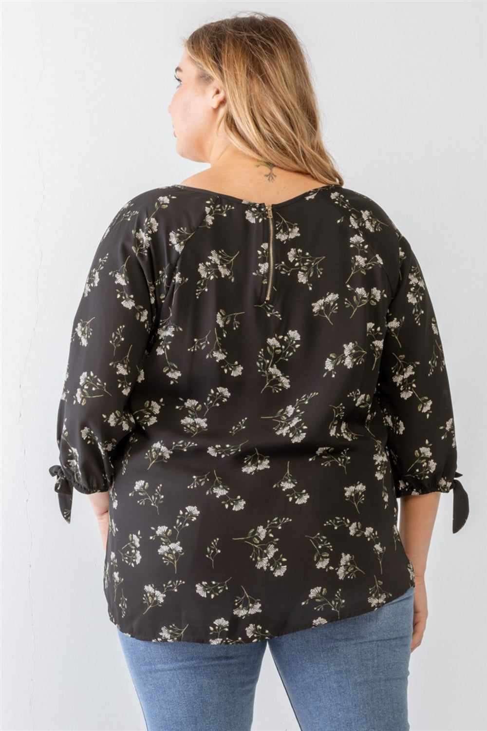 Zenobia Plus Size Floral Round Neck Blouse - TOPS - Black