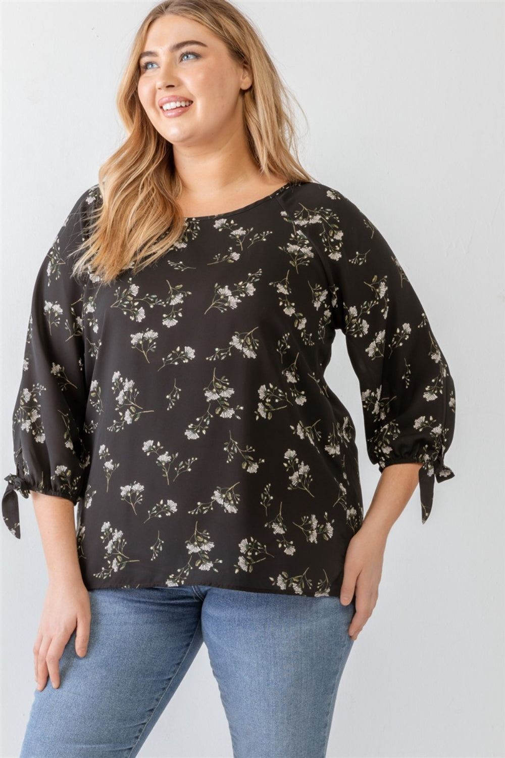 Zenobia Plus Size Floral Round Neck Blouse - TOPS - Black