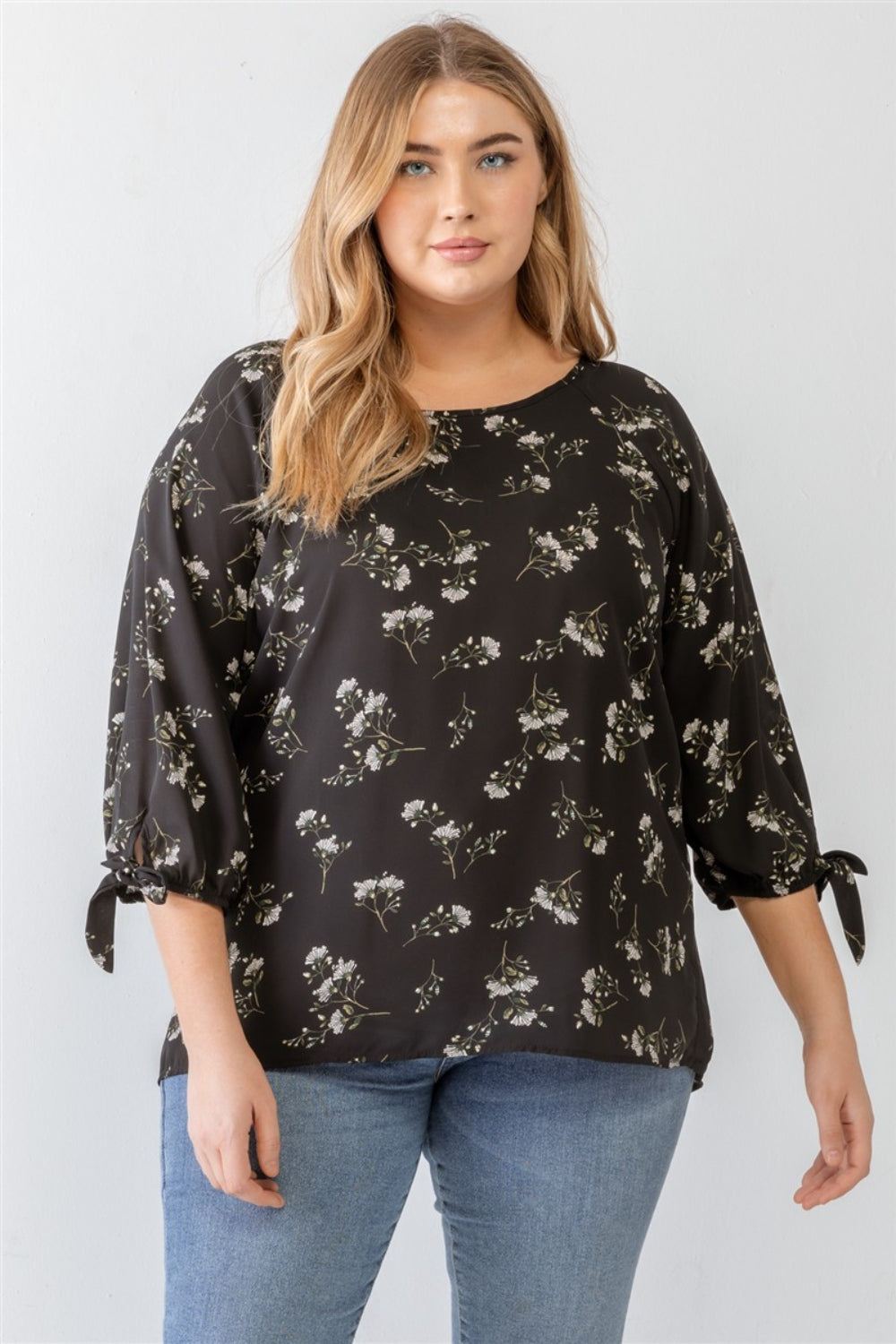 Zenobia Plus Size Floral Round Neck Blouse - TOPS - Black