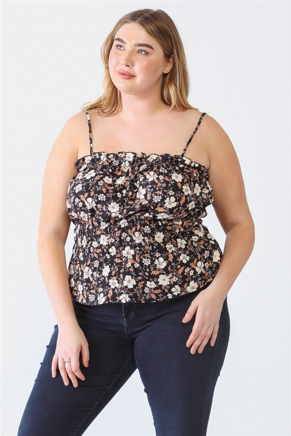 Zenobia Plus Size Frill Floral Square Neck Cami - Black / 1XL - PLUS TOPS - Black