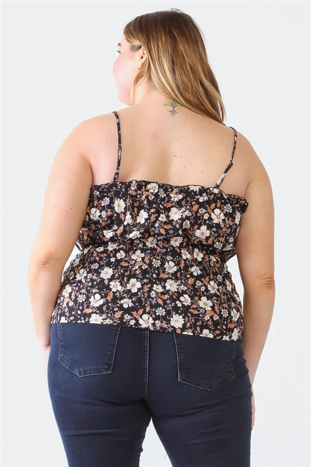 Zenobia Plus Size Frill Floral Square Neck Cami - PLUS TOPS - Black