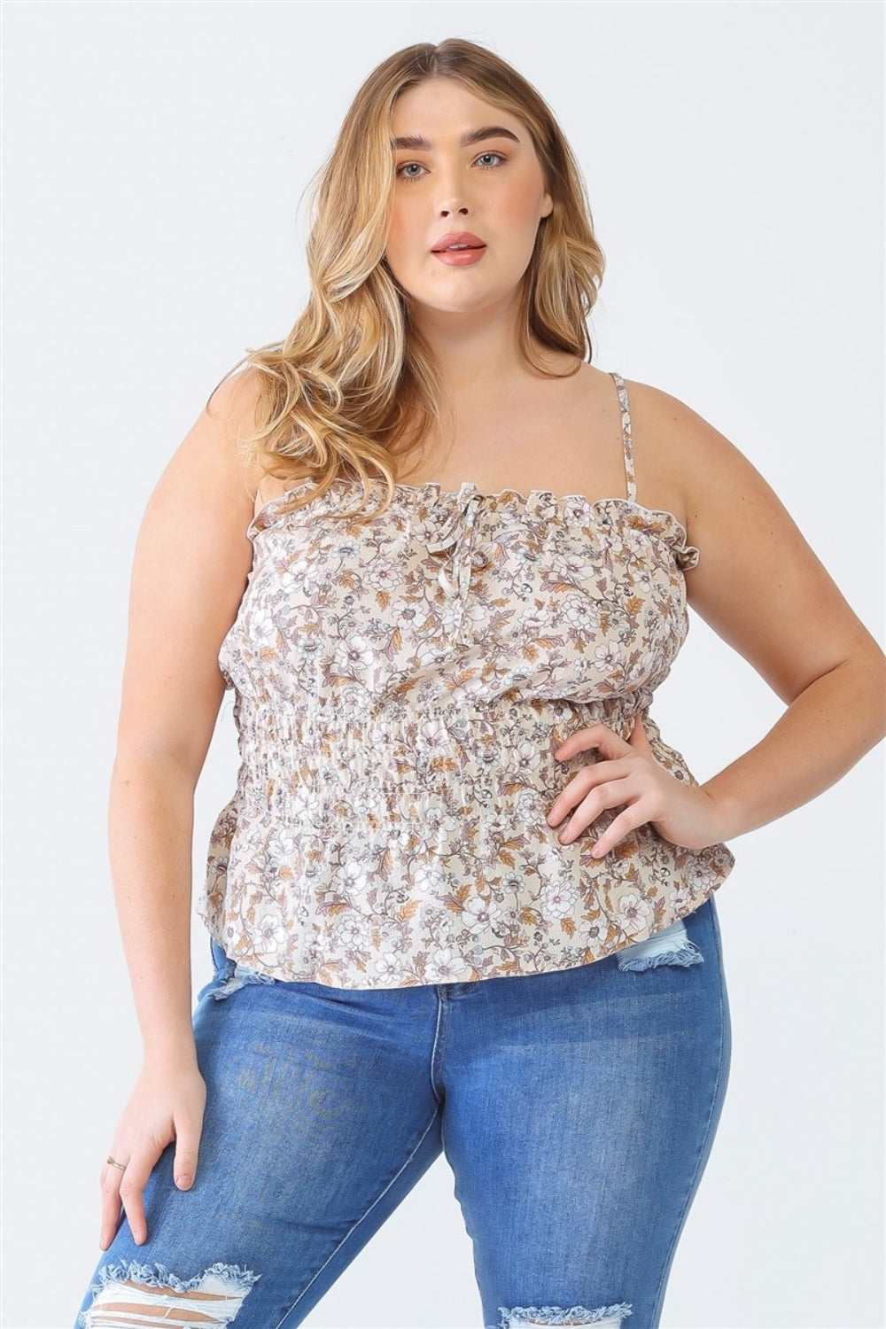 Zenobia Plus Size Frill Floral Square Neck Cami - Taupe / 1XL - PLUS TOPS - Black