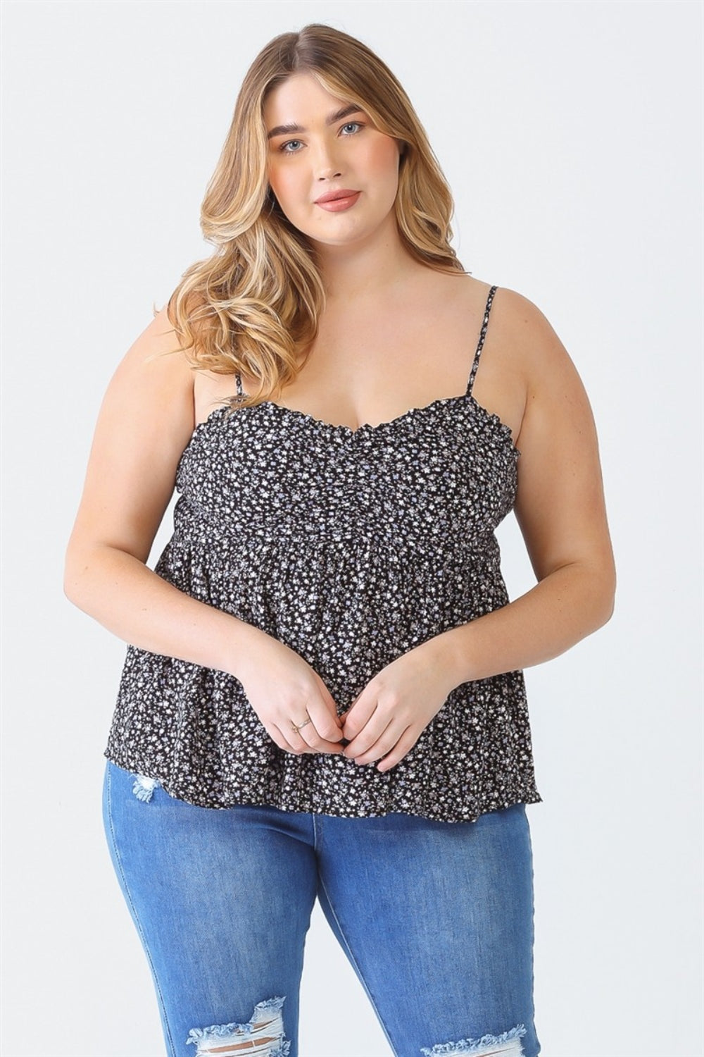 Zenobia Plus Size Frill Smocked Floral Sweetheart Neck Cami - Black / 1XL - PLUS TOPS - Mixed