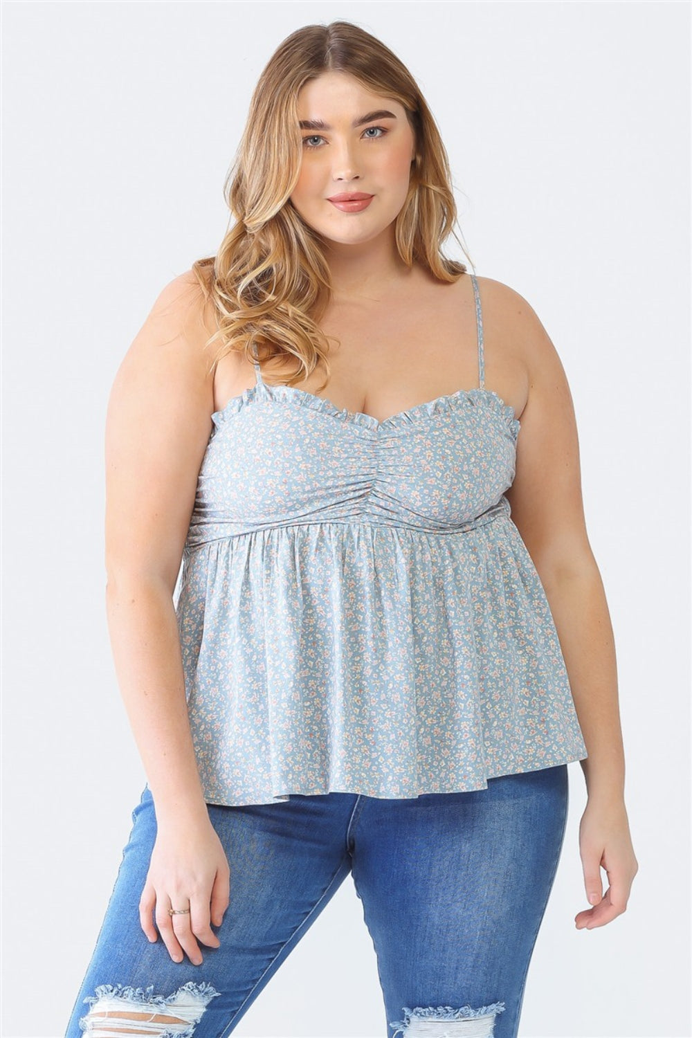 Zenobia Plus Size Frill Smocked Floral Sweetheart Neck Cami - Blue / 1XL - PLUS TOPS - Mixed