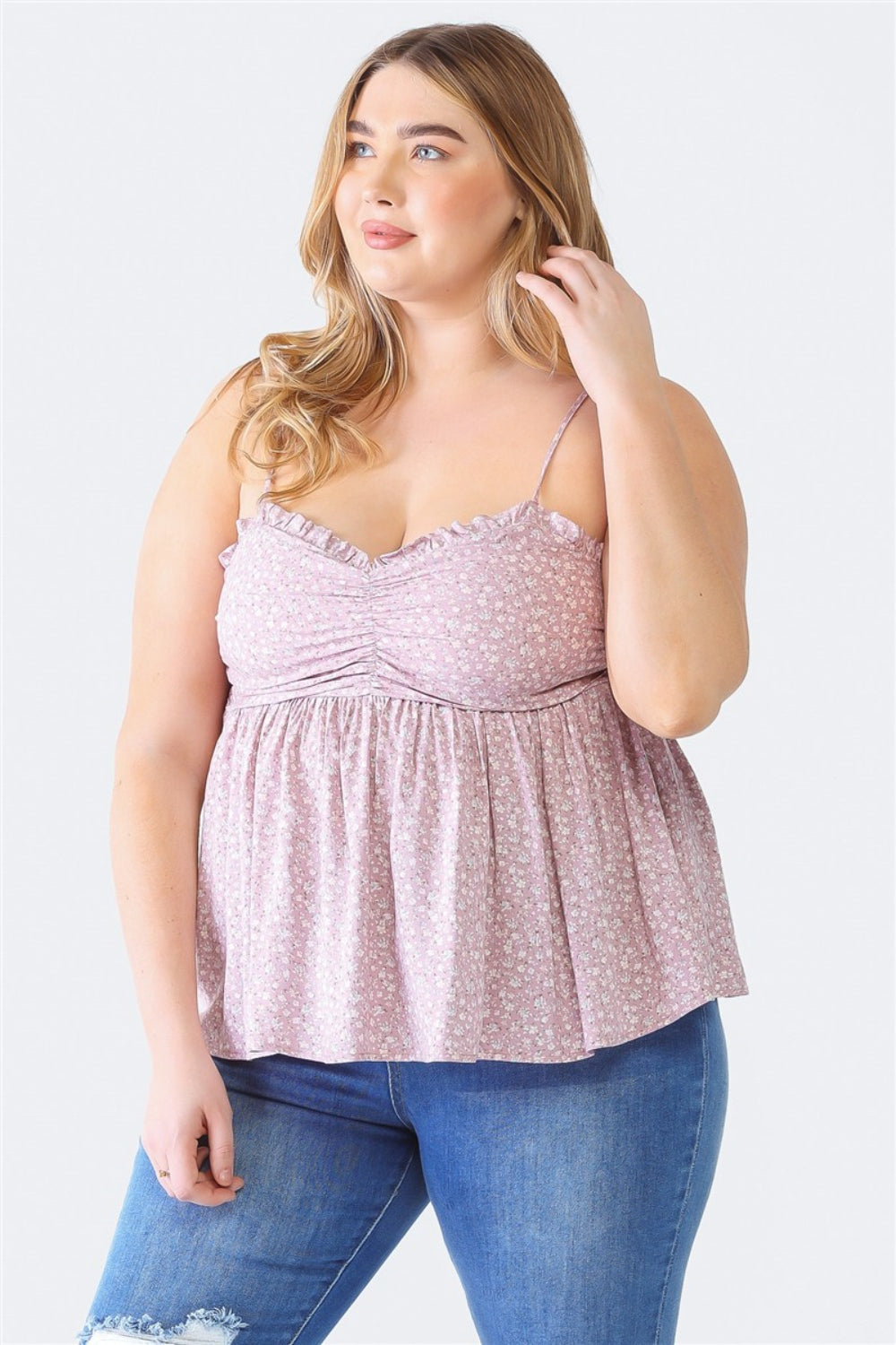 Zenobia Plus Size Frill Smocked Floral Sweetheart Neck Cami - Mauve / 1XL - PLUS TOPS - Mixed