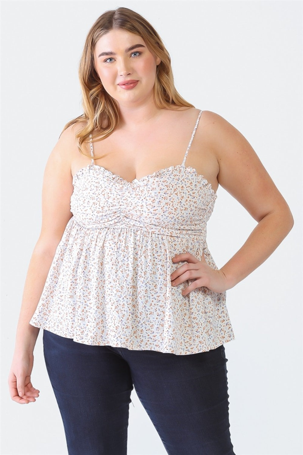 Zenobia Plus Size Frill Smocked Floral Sweetheart Neck Cami - Off-White / 1XL - PLUS TOPS - Mixed