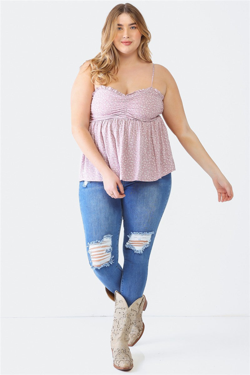 Zenobia Plus Size Frill Smocked Floral Sweetheart Neck Cami - PLUS TOPS - Mixed